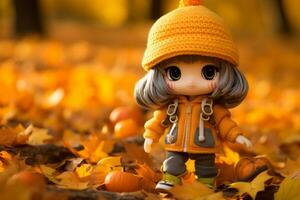 a small doll wearing an orange hat and jacket standing in the middle of a pile of autumn leaves generative ai photo