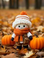 a small doll wearing an orange hat and scarf sits on the ground surrounded by pumpkins generative ai photo
