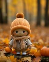 a small doll wearing an orange hat and scarf standing in the middle of a pile of autumn leaves generative ai photo