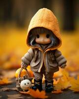 a small doll wearing an orange jacket and holding a pumpkin generative ai photo