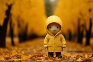 a small figurine in a yellow raincoat stands in the middle of an autumn forest generative ai photo