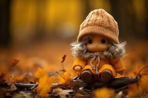 a small doll wearing an orange sweater sits on a log in the fall leaves generative ai photo