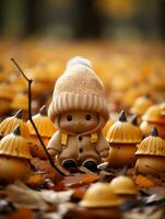 a small figurine is sitting in a pile of leaves generative ai photo
