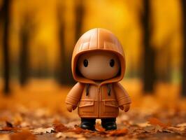 a small figurine wearing an orange coat in the middle of an autumn forest generative ai photo