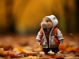 a small hamster wearing a jacket and hat in the fall generative ai photo