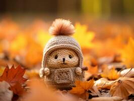 a small knitted bear in a hat sitting in a pile of autumn leaves generative ai photo