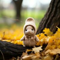 a small knitted bear is sitting on the ground in front of a tree generative ai photo