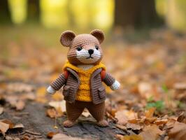 a small knitted bear wearing a sweater and jacket in the woods generative ai photo