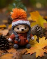 a small knitted bear wearing an orange hat sits in a pile of autumn leaves generative ai photo