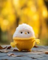 a small knitted chicken is sitting on the ground generative ai photo