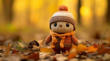a small knitted doll in an orange and brown sweater standing in the leaves generative ai photo