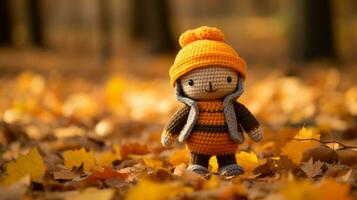 a small knitted doll in an orange and brown outfit standing in the middle of a pile of fallen leaves generative ai photo
