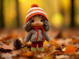 a small knitted doll standing in a pile of autumn leaves generative ai photo