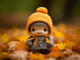 a small knitted doll wearing an orange hat sits on the ground surrounded by fallen leaves generative ai photo