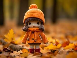 a small knitted doll wearing an orange coat and hat stands in the middle of a pile of fallen leaves generative ai photo