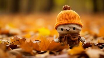 a small knitted doll wearing an orange hat in the middle of a pile of fallen leaves generative ai photo