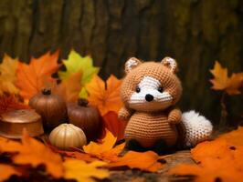 a small knitted fox is surrounded by autumn leaves generative ai photo