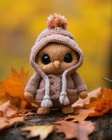 un pequeño de punto búho vistiendo un suéter y sombrero en el otoño hojas generativo ai foto
