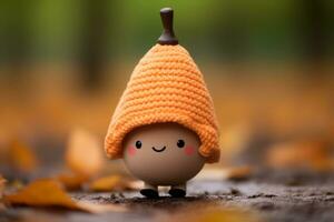 a small knitted pumpkin wearing a hat on the ground generative ai photo