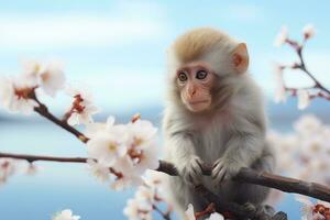 un pequeño mono es sentado en un rama con flores generativo ai foto