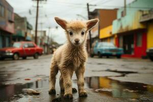 un pequeño Cordero en pie en el medio de un calle generativo ai foto