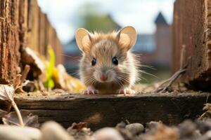 a small mouse is peeking out from behind a wooden fence generative ai photo