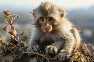 a small monkey sitting on top of a rock generative ai photo