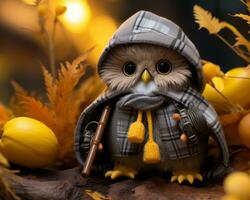 a small owl wearing a hooded coat and holding a gun generative ai photo