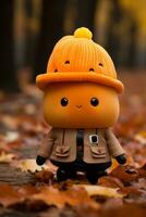 a small orange toy wearing a hat and jacket in the leaves generative ai photo