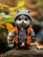 a small raccoon dressed in an orange jacket standing on a rock generative ai photo