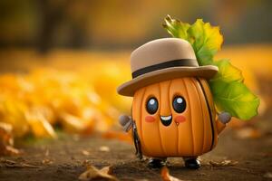 a small pumpkin wearing a hat and holding a leaf generative ai photo