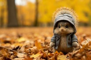 a small squirrel wearing a jacket in the fall leaves generative ai photo
