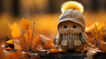 a small stuffed animal wearing a coat and hat in the autumn leaves generative ai photo