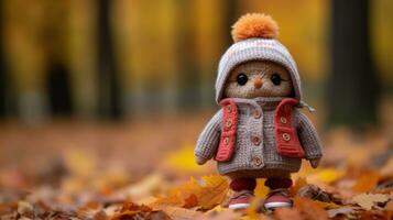 a small stuffed animal is standing in the leaves generative ai photo