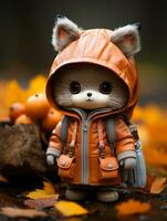 a small stuffed animal wearing an orange coat and carrying a backpack generative ai photo