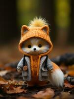 a small stuffed animal wearing an orange coat and hat generative ai photo