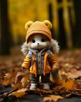 a small stuffed animal wearing an orange coat and hat in the middle of an autumn forest generative ai photo