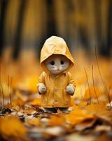 a small stuffed animal wearing a yellow raincoat in the middle of an autumn forest generative ai photo