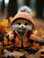a small stuffed animal wearing an orange coat and hat generative ai photo