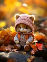 a small stuffed animal wearing a pink hat and sweater sitting on a pile of autumn leaves generative ai photo