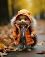 a small stuffed animal wearing an orange coat and hat generative ai photo