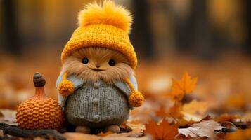 a small stuffed animal wearing an orange hat and holding a pumpkin generative ai photo