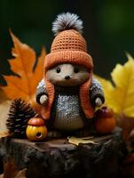 a small stuffed animal wearing an orange hat sits on top of some autumn leaves generative ai photo
