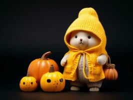 a small teddy bear wearing a yellow sweater and holding pumpkins generative ai photo