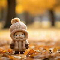a small teddy bear is standing in the middle of a pile of leaves generative ai photo