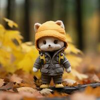 un pequeño juguete gato vistiendo un naranja sombrero y chaqueta en pie en el medio de un pila de otoño hojas generativo ai foto