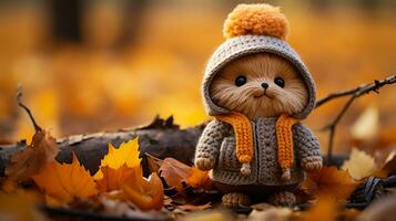 a small teddy bear wearing a sweater and hat in the autumn leaves generative ai photo