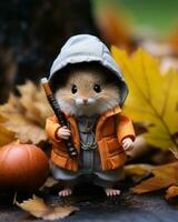 a small toy hamster wearing an orange jacket and holding a stick generative ai photo