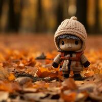 a small toy is standing in the middle of a pile of fallen leaves generative ai photo
