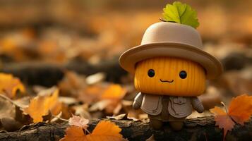 a small toy pumpkin wearing a hat in the autumn leaves generative ai photo